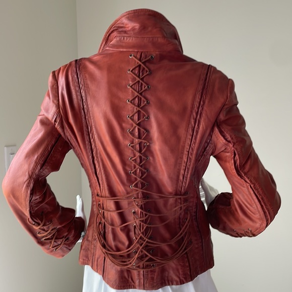 Tru culture:Decadent Cognac Corset Distressed Leather Jacket Size S. - Picture 9 of 16